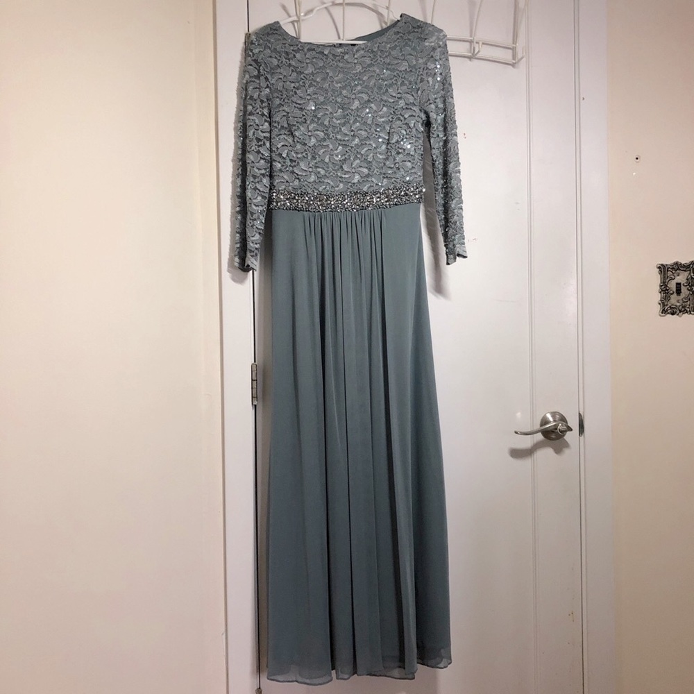 3/4 sleeve light teal sequins and jeweled gown